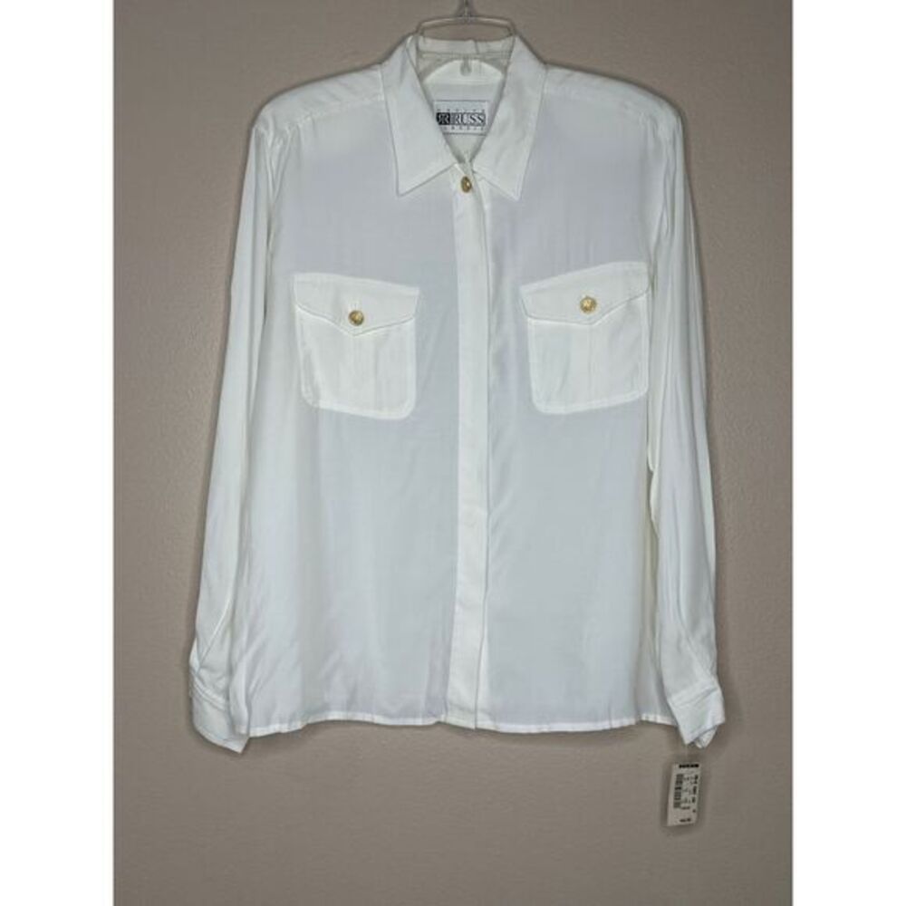 Russ Petite VTG NWT Classic Shirt Cream Gold Button Pockets Long Sleeve Size 16‎
